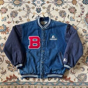 Vintage STARTER Blue Denim Sports Patch Bomber Letterman Jacket
